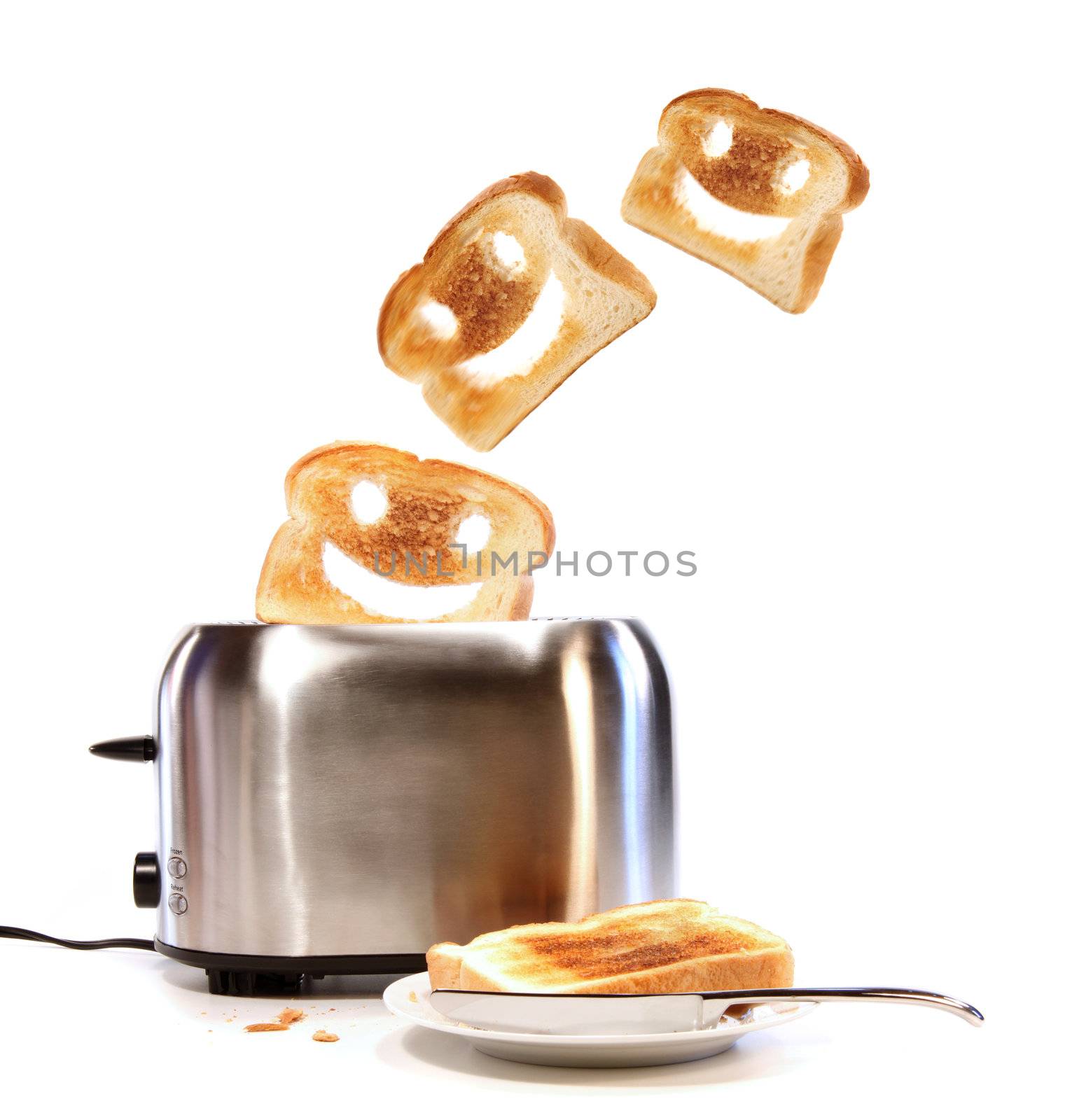 Toasted bread with toaster on white by Sandralise