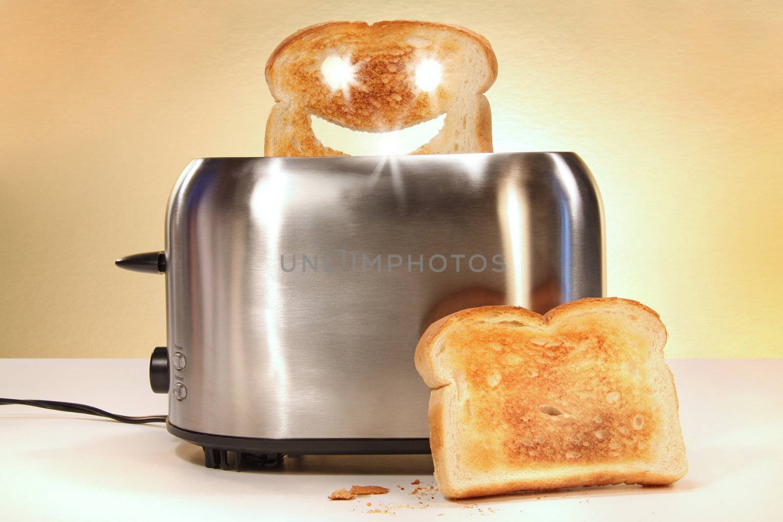 Toaster with two slices of bread on kitchen counter