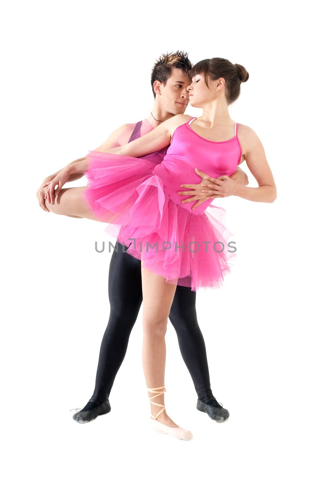 Young couple dancing ballet isolated on white background. by dgmata