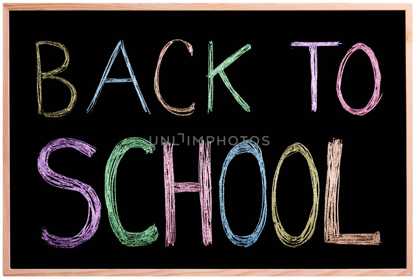 Back to School! Chalkboard / blackboard with back to school written in colors with chalk on the board. Image is Isolated.