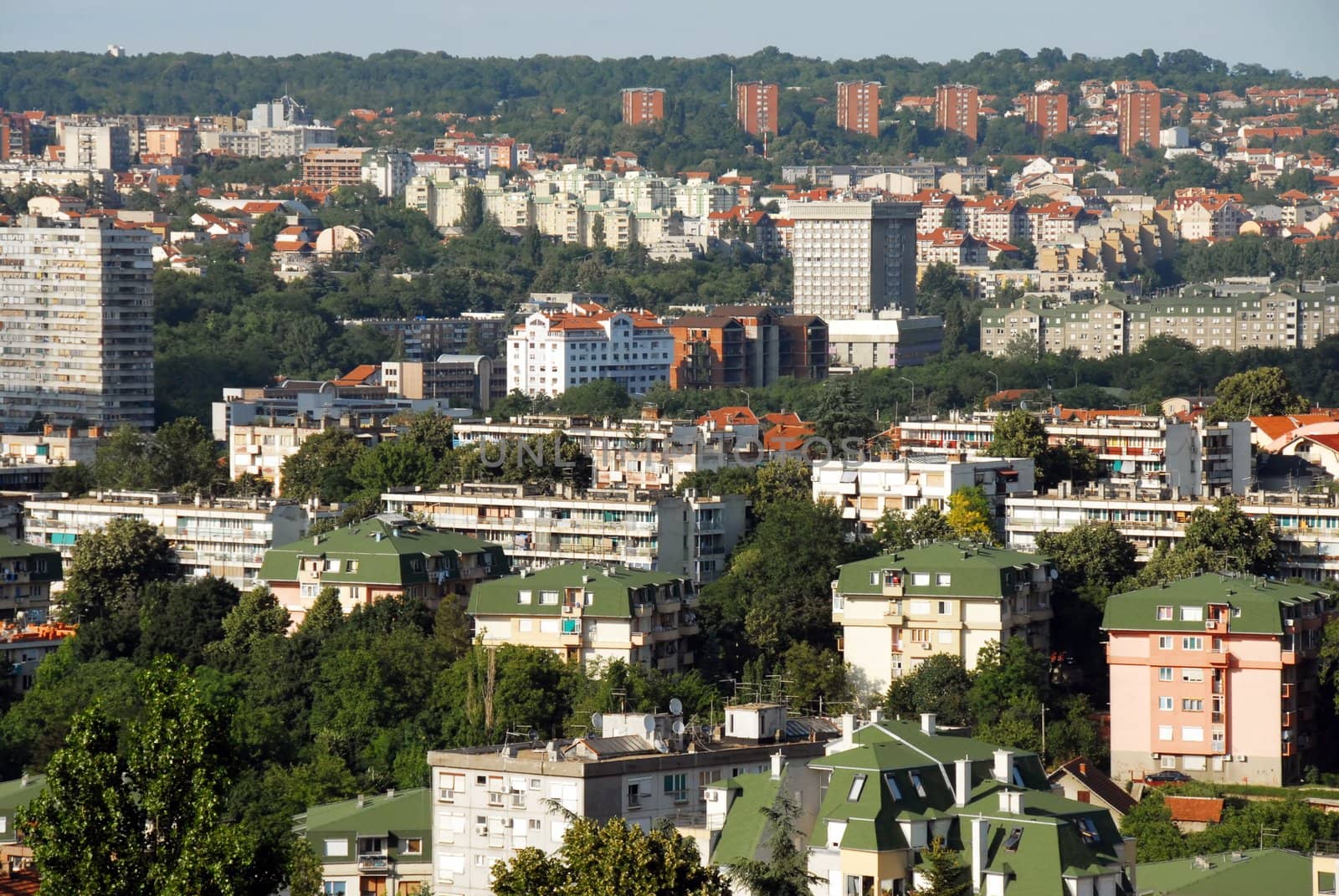 view of Belgrade, Serbia,  modern buildings from high angle