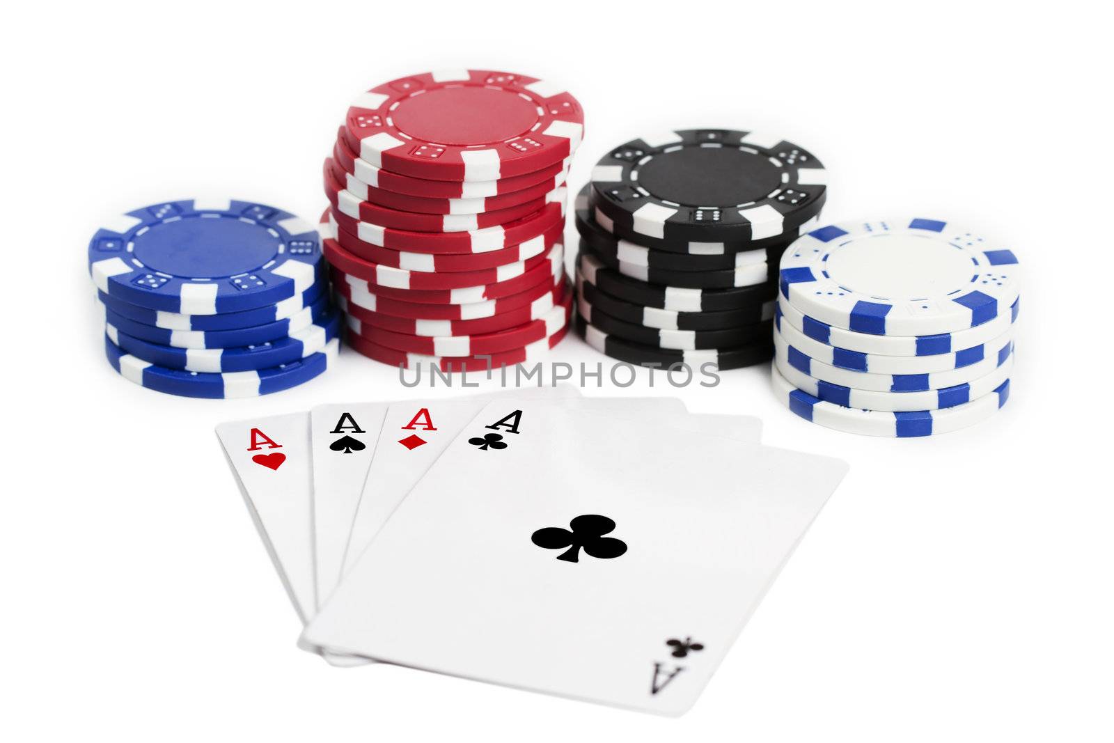 four aces and chips on white background