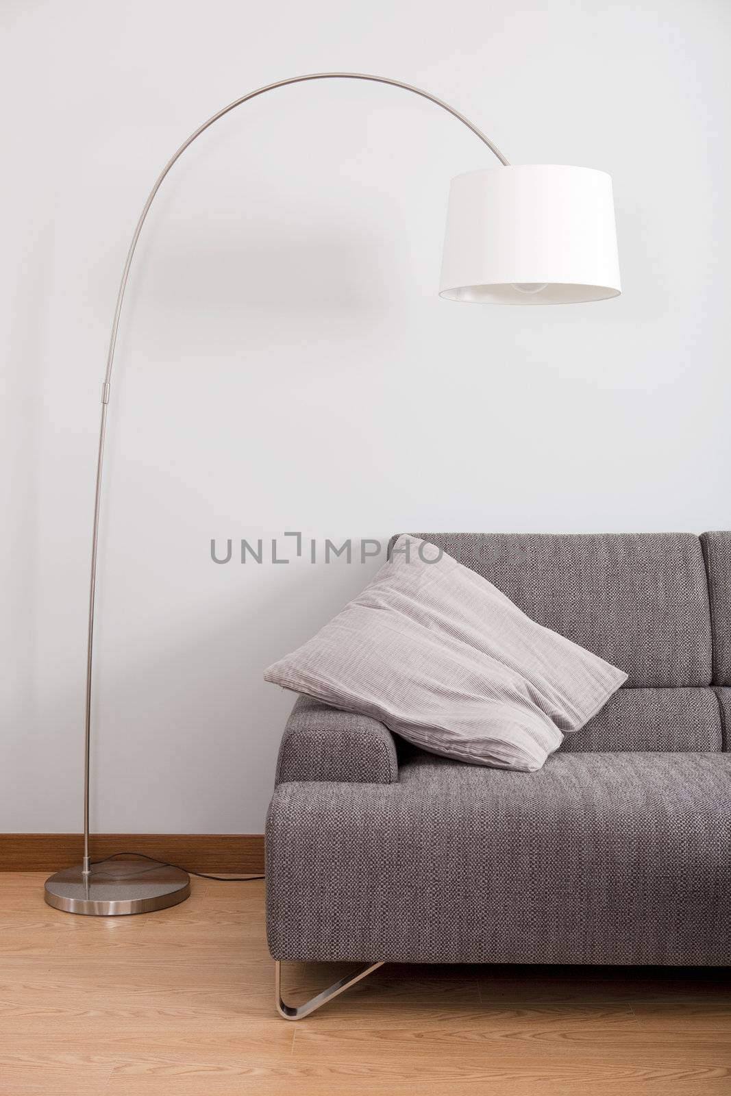 Modern and clean decoration of an apartment with a sofa and a lamp