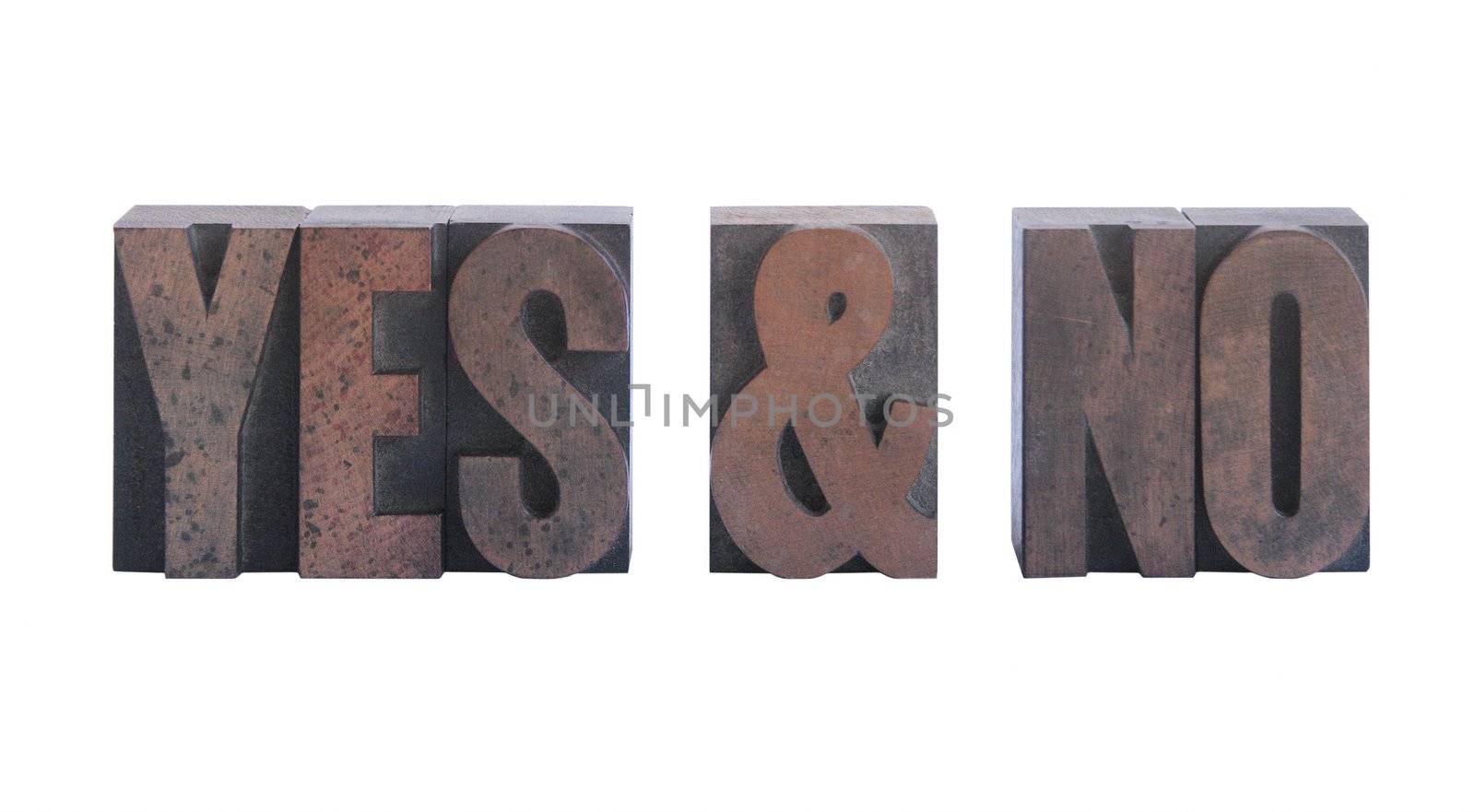 the words 'yes & no' in old ink-stained wood type