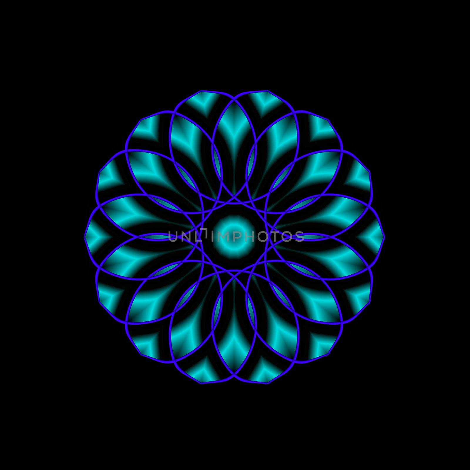 A mandala shaped fractal done in shades of blue.