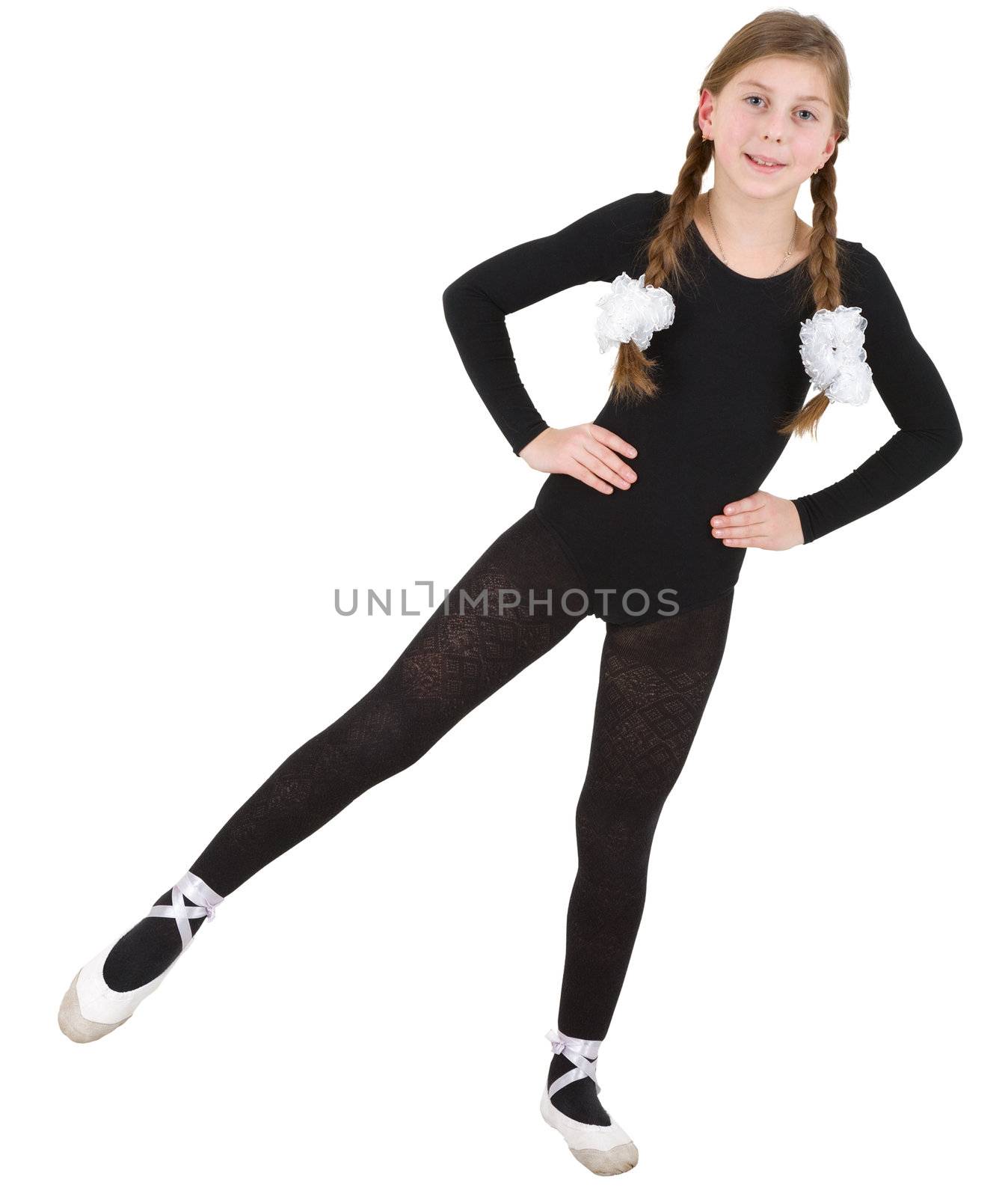 Ballerina in black tights on the white background