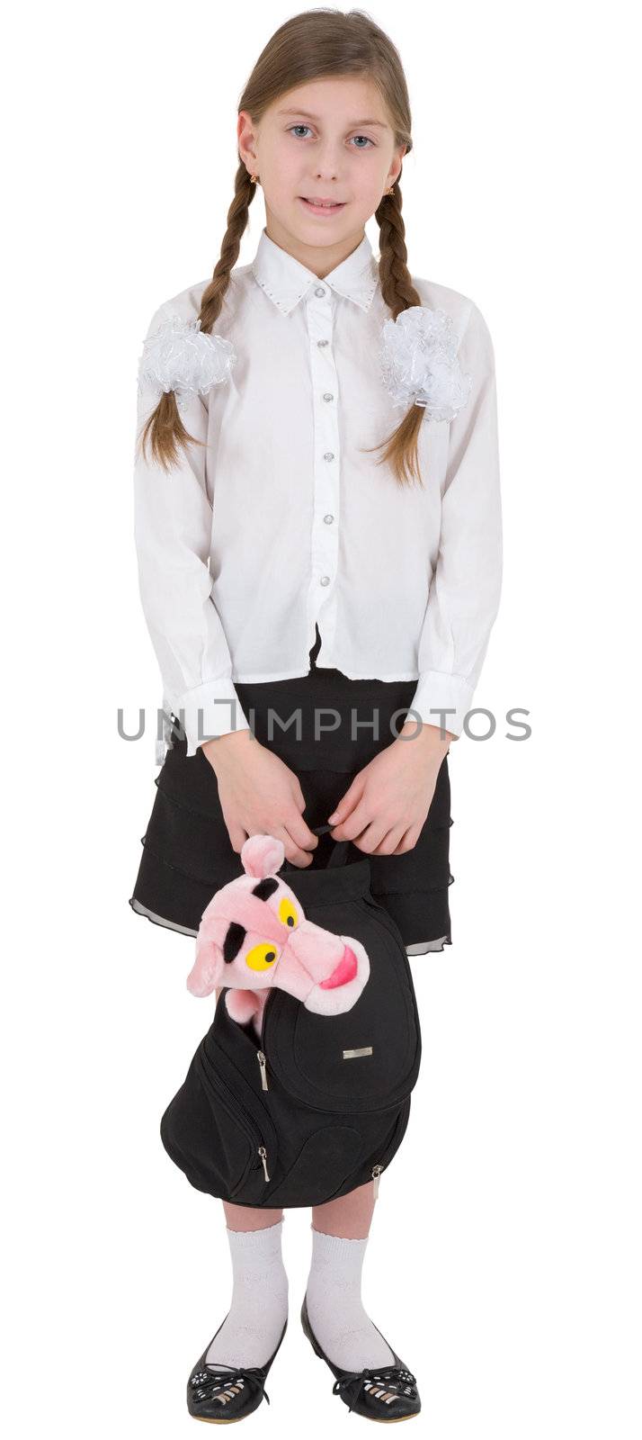 Schoolgirl with satchel and pink plush panther