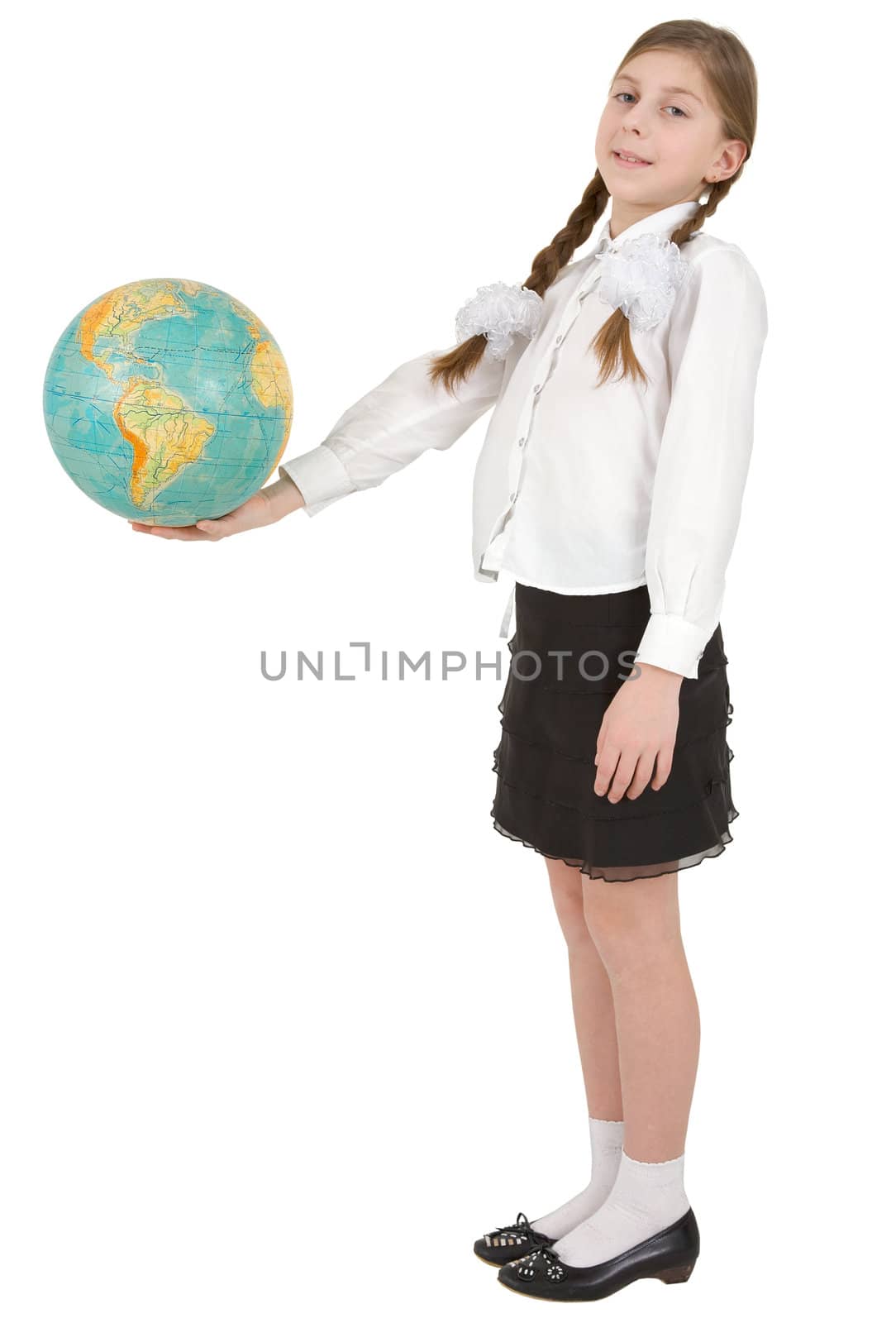 Girl and terrestrial globe on white by pzaxe