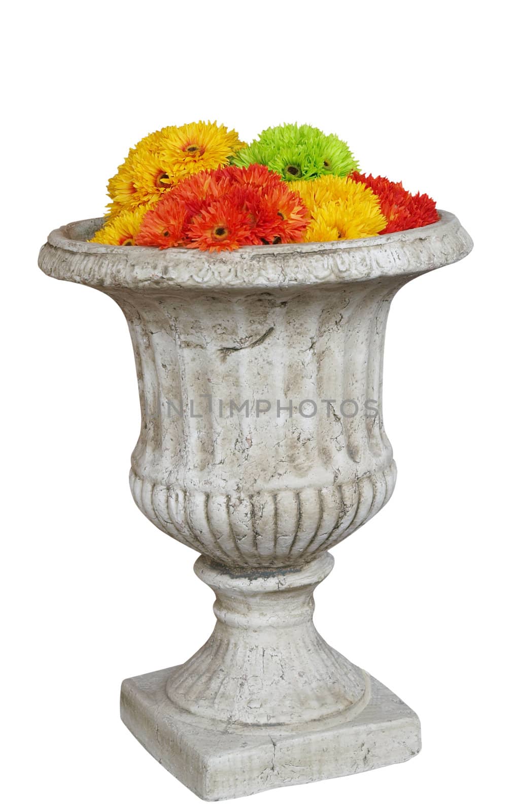 Large Pot with Artificial Flowers isolated with clipping path