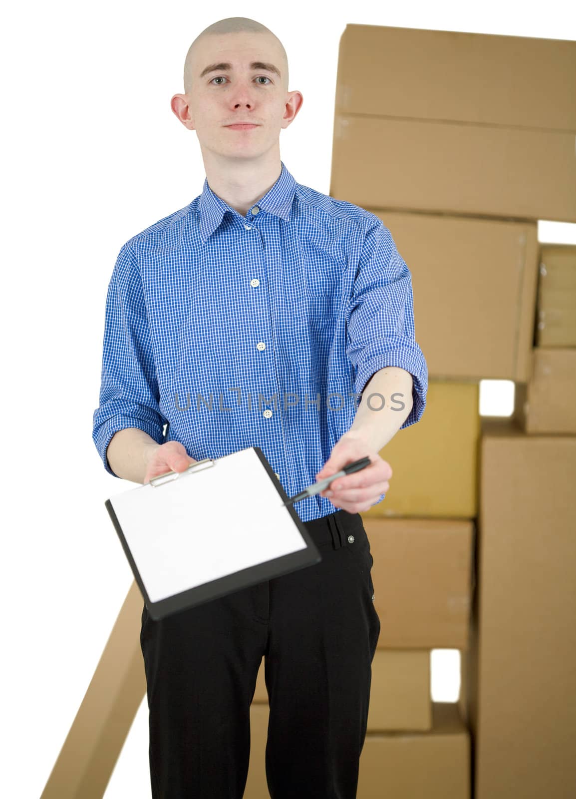 Man with tablet and marker on hands