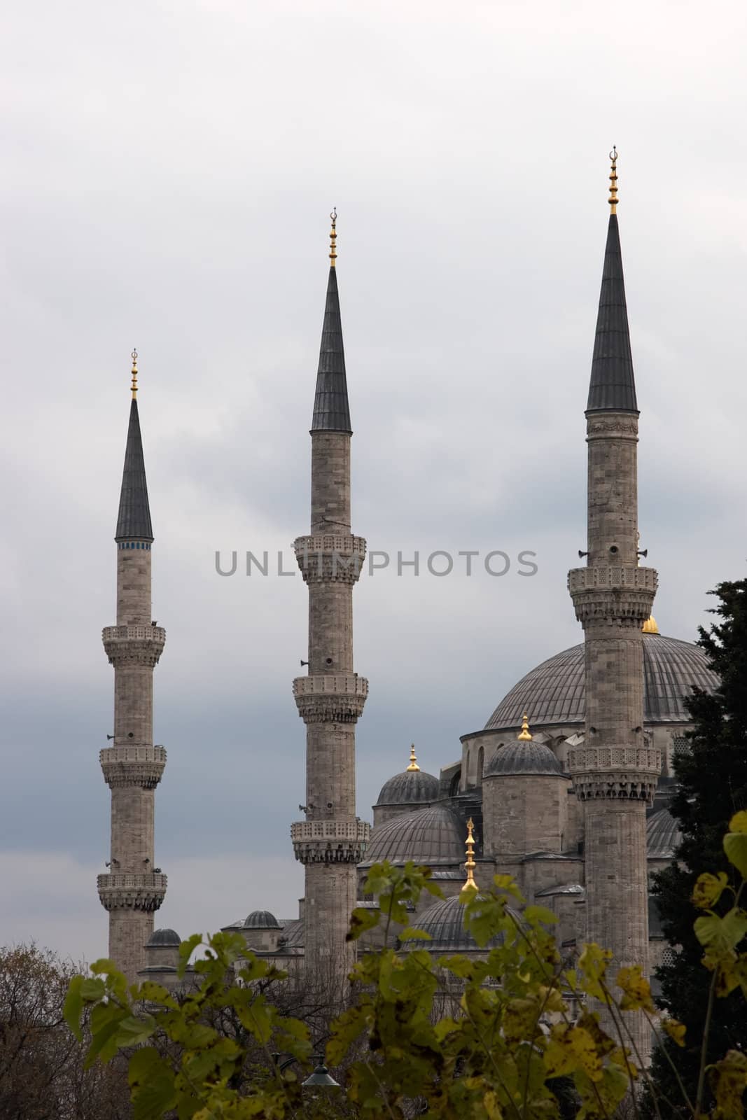 Blue Mosque in Istanbul, Turkey. Overcast weather, end of december.