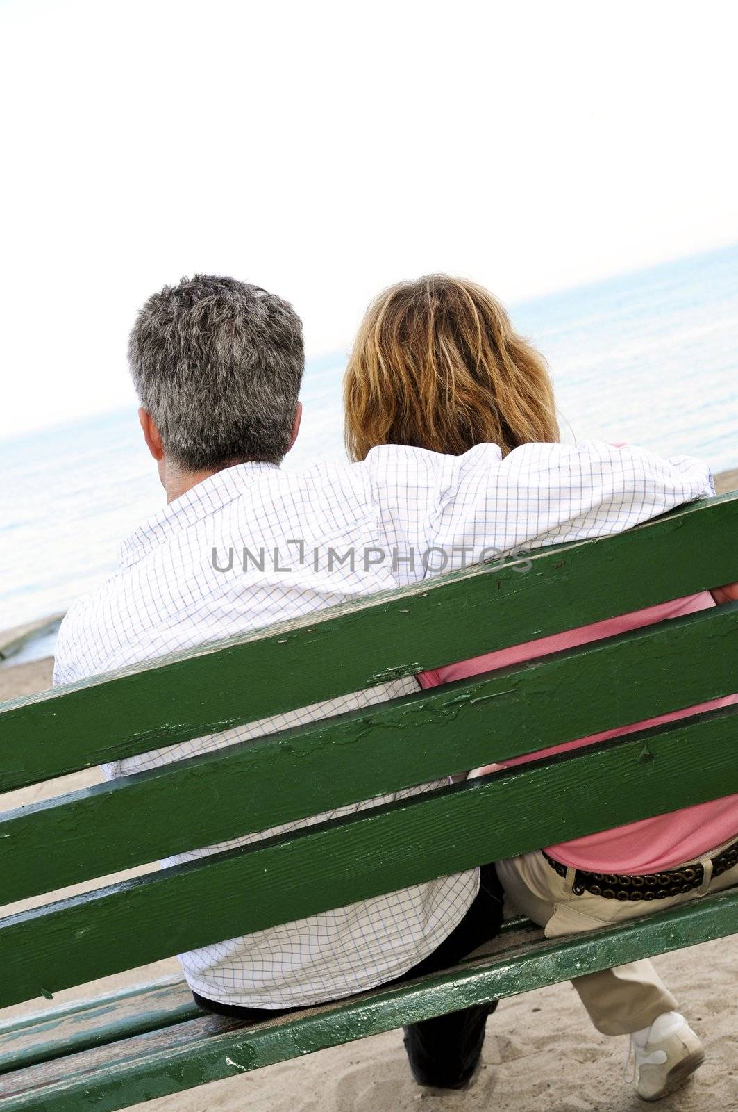 Mature romantic couple on a bench by elenathewise