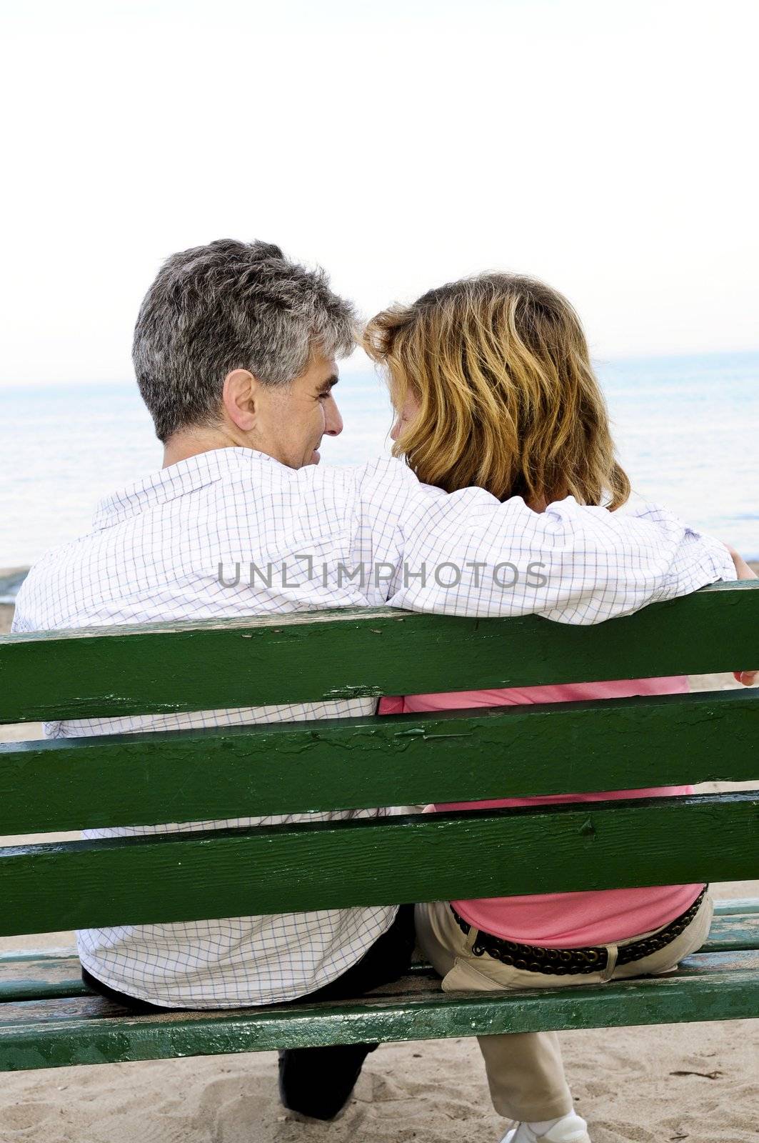 Mature romantic couple on a bench by elenathewise