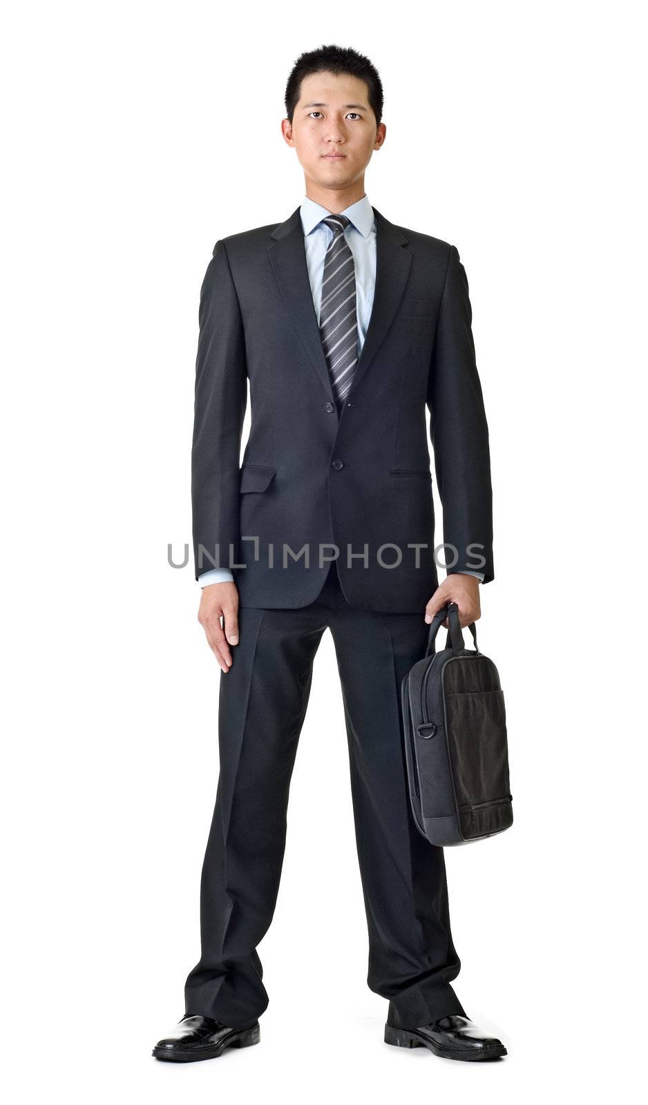 Young business man with briefcase, full length portrait isolated on white background.
