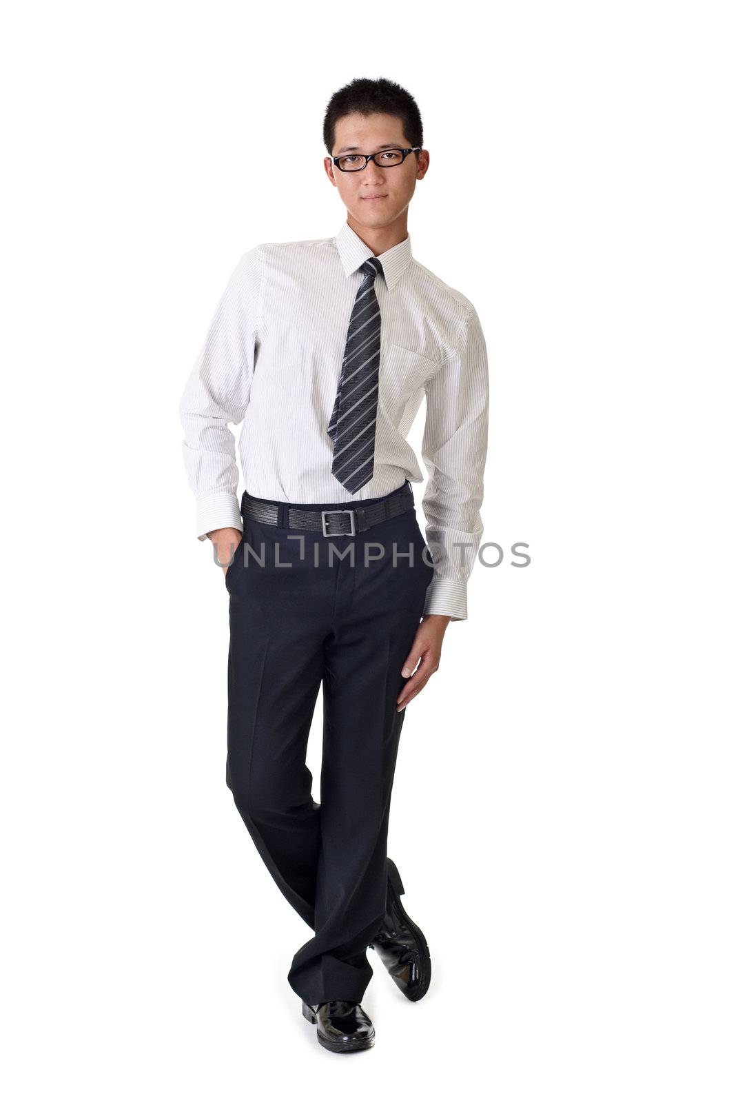 Smart young business man, full length portrait of Asian isolated on white background.