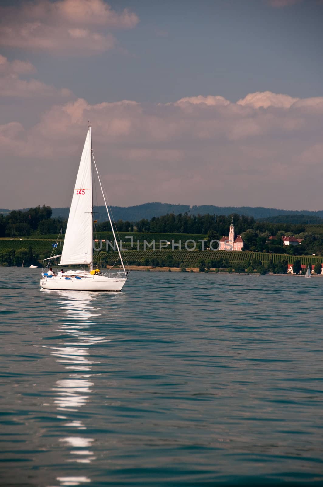 Sailboat on Bodensee, Birnau behind, Gemany
