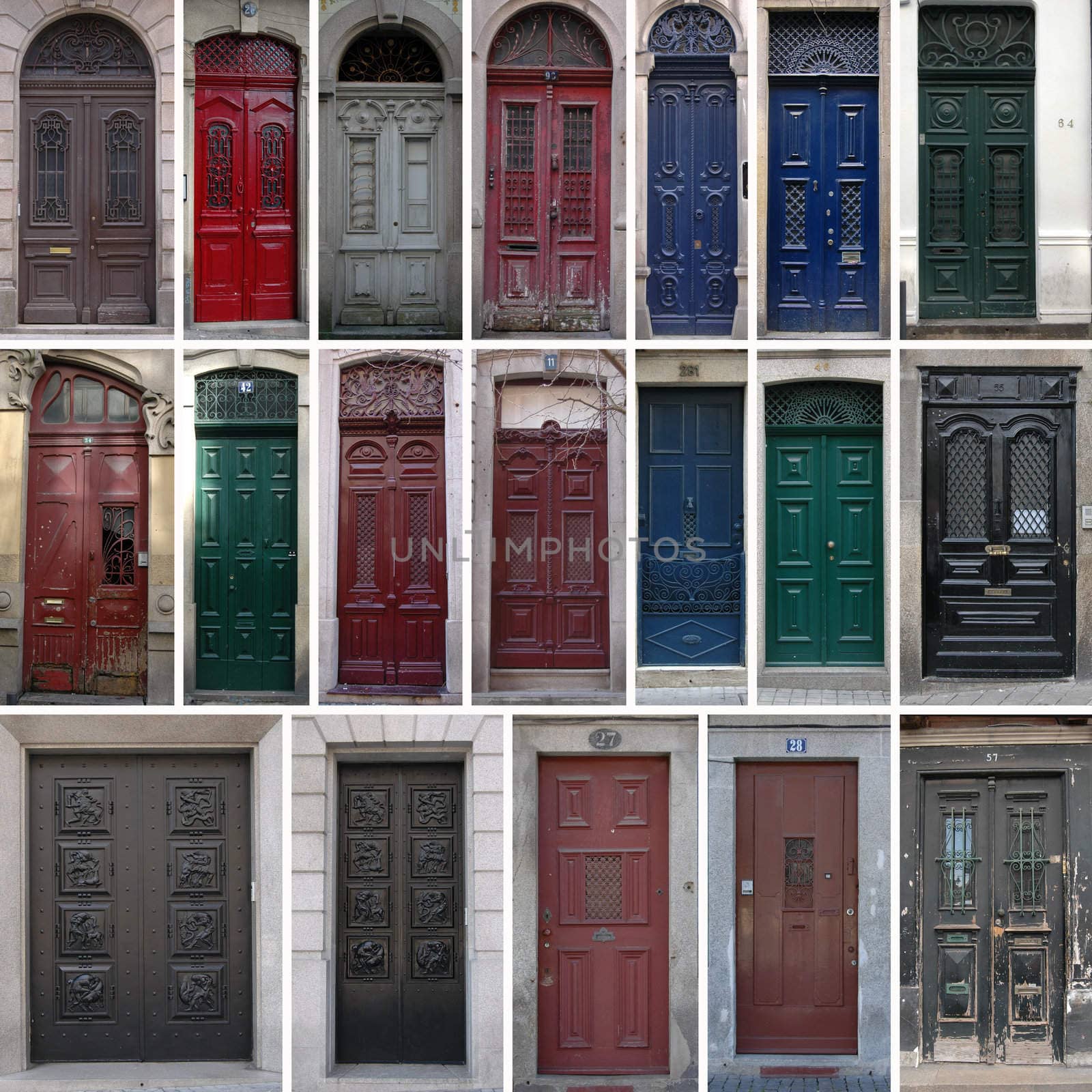 Set of 19 old doors of the city of Porto, Portugal.