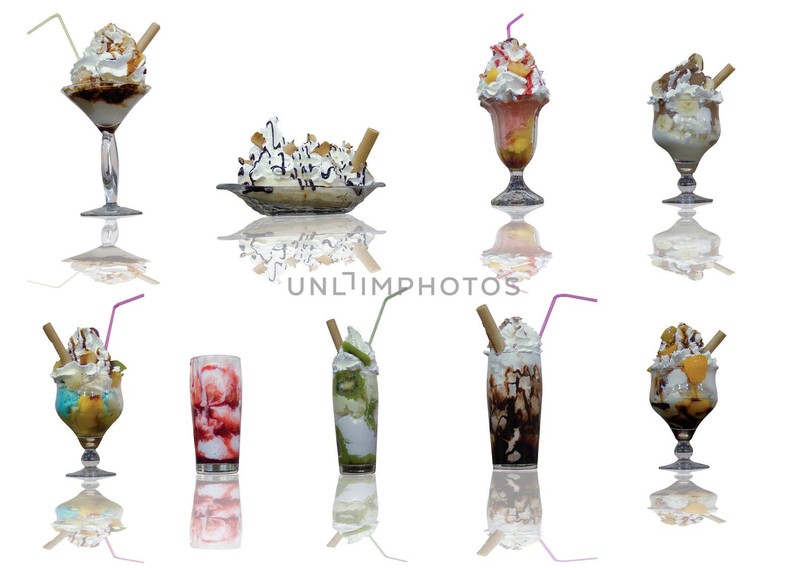 Assorted ice cream cups with reflection on with background