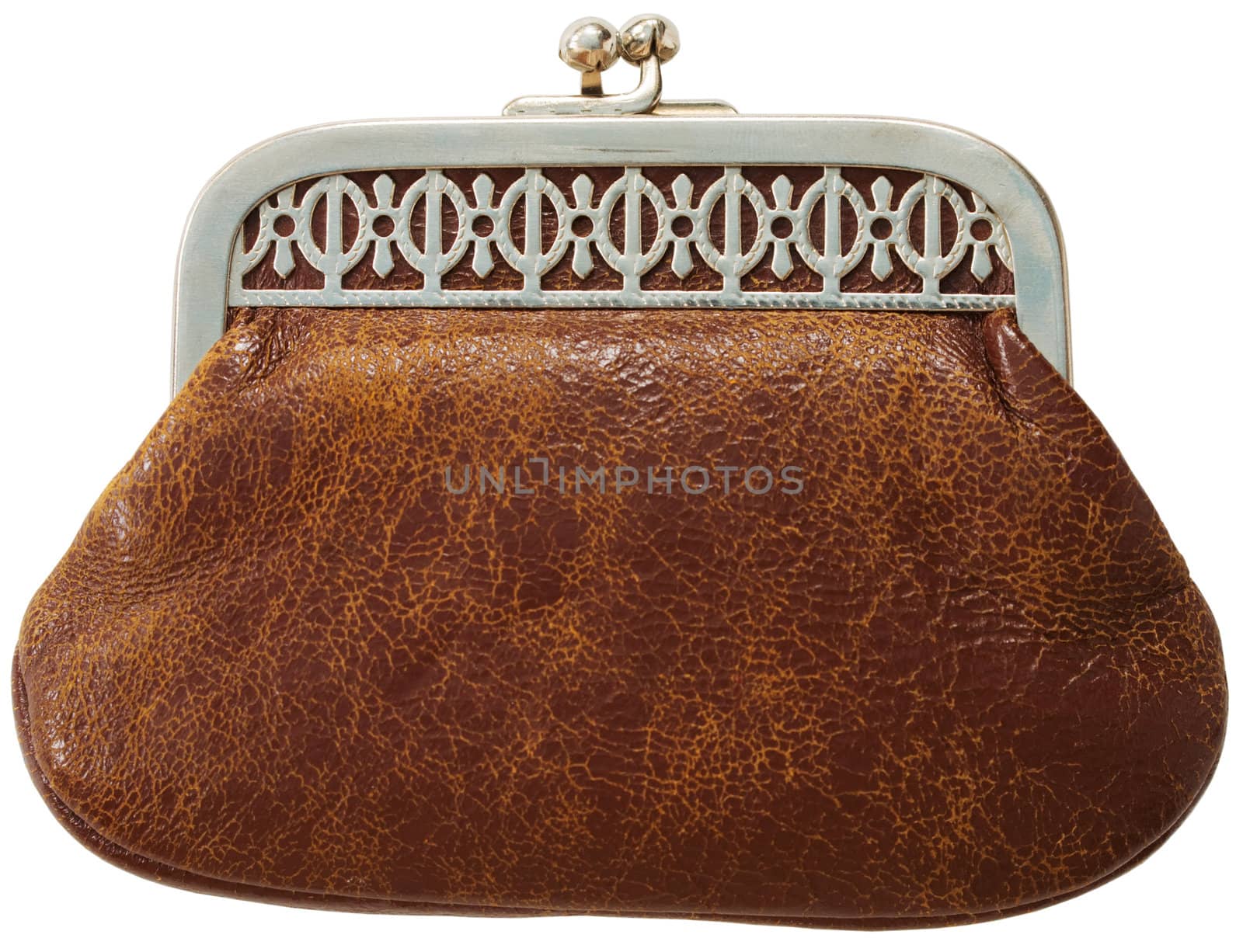 Brown antique leather purse on the white