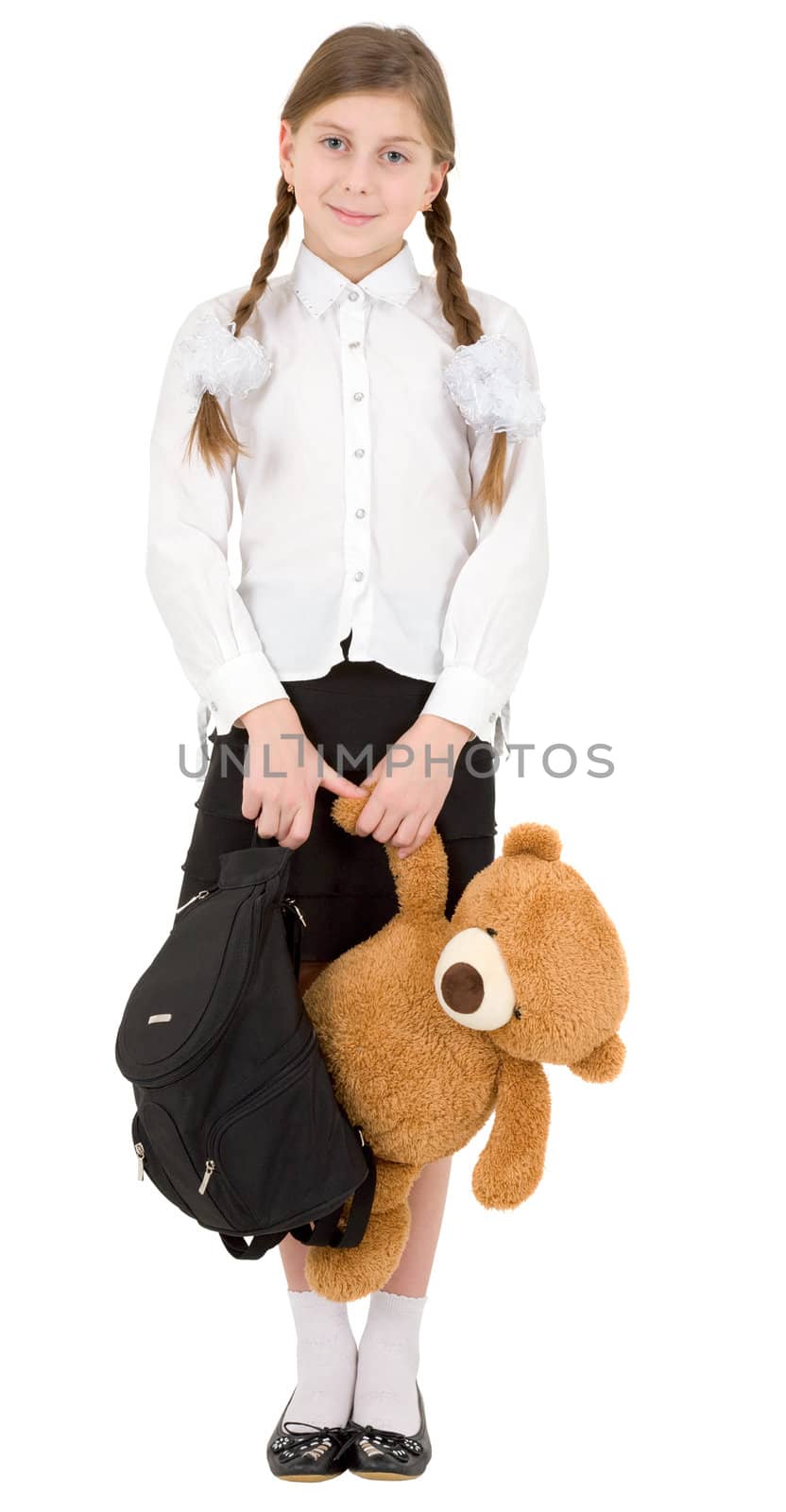 Girl with satchel and toy brown bear
