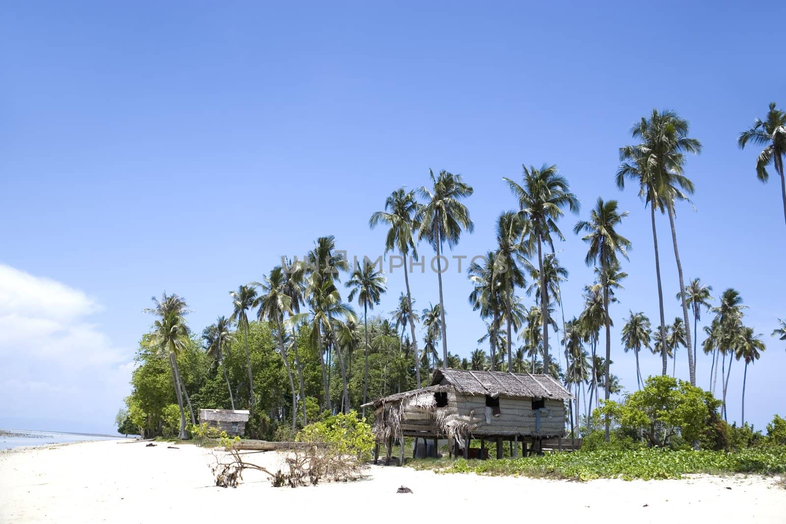 Image of native huts on a tropical island in Malaysia.