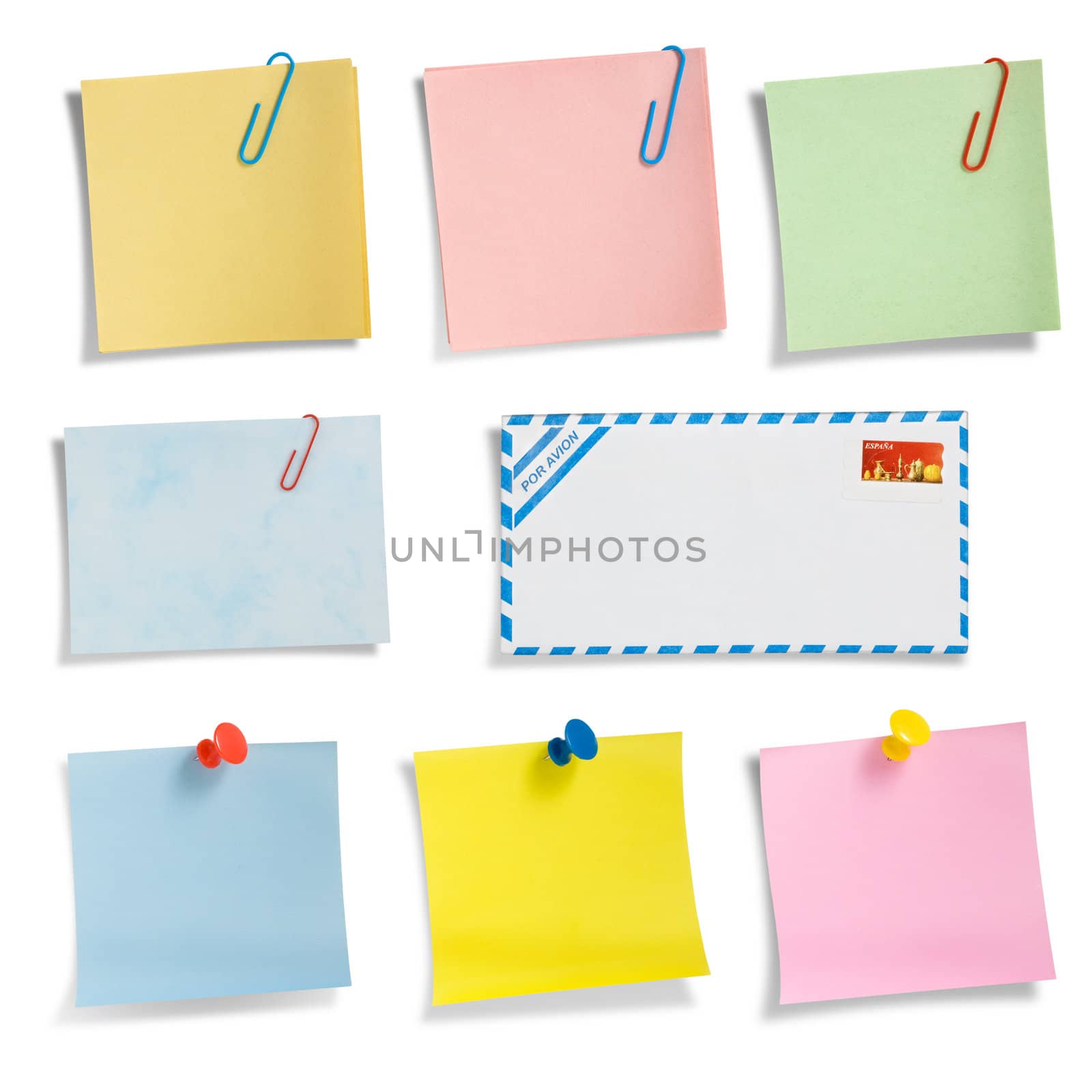 Assorted note papers with thumbtacks and clips,  clipping path excludes the shadow.