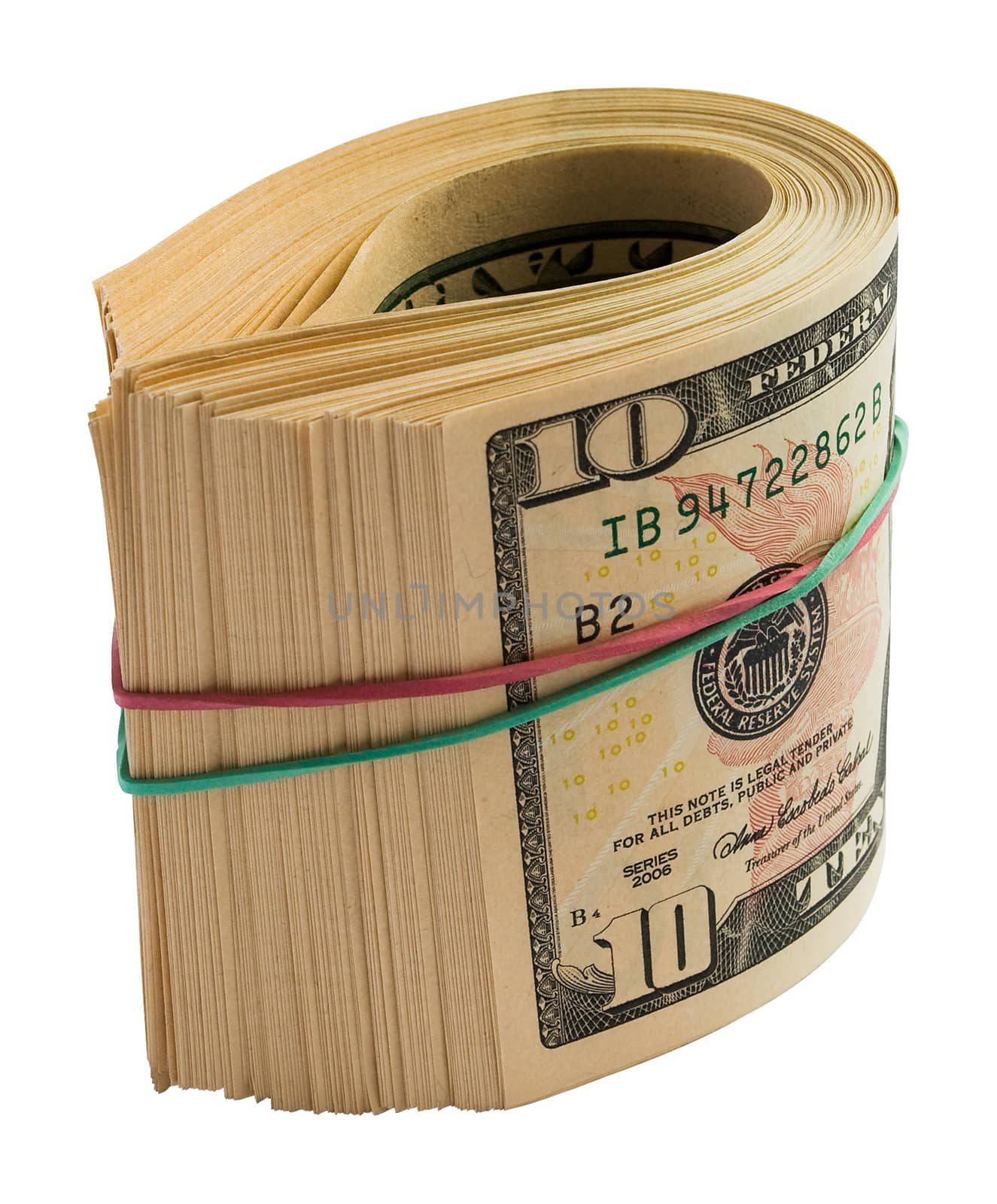 A roll of dollars isolated on white background with clipping path