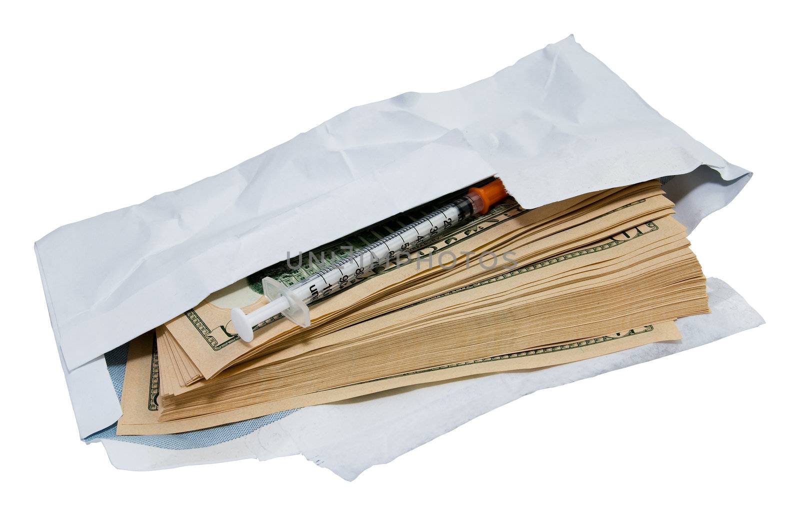 Stack of dollars and syringe in open envelope isolated on white. Clipping path included. Concept of drug, expensiveness of medical care, illegal proffit, racketeering.