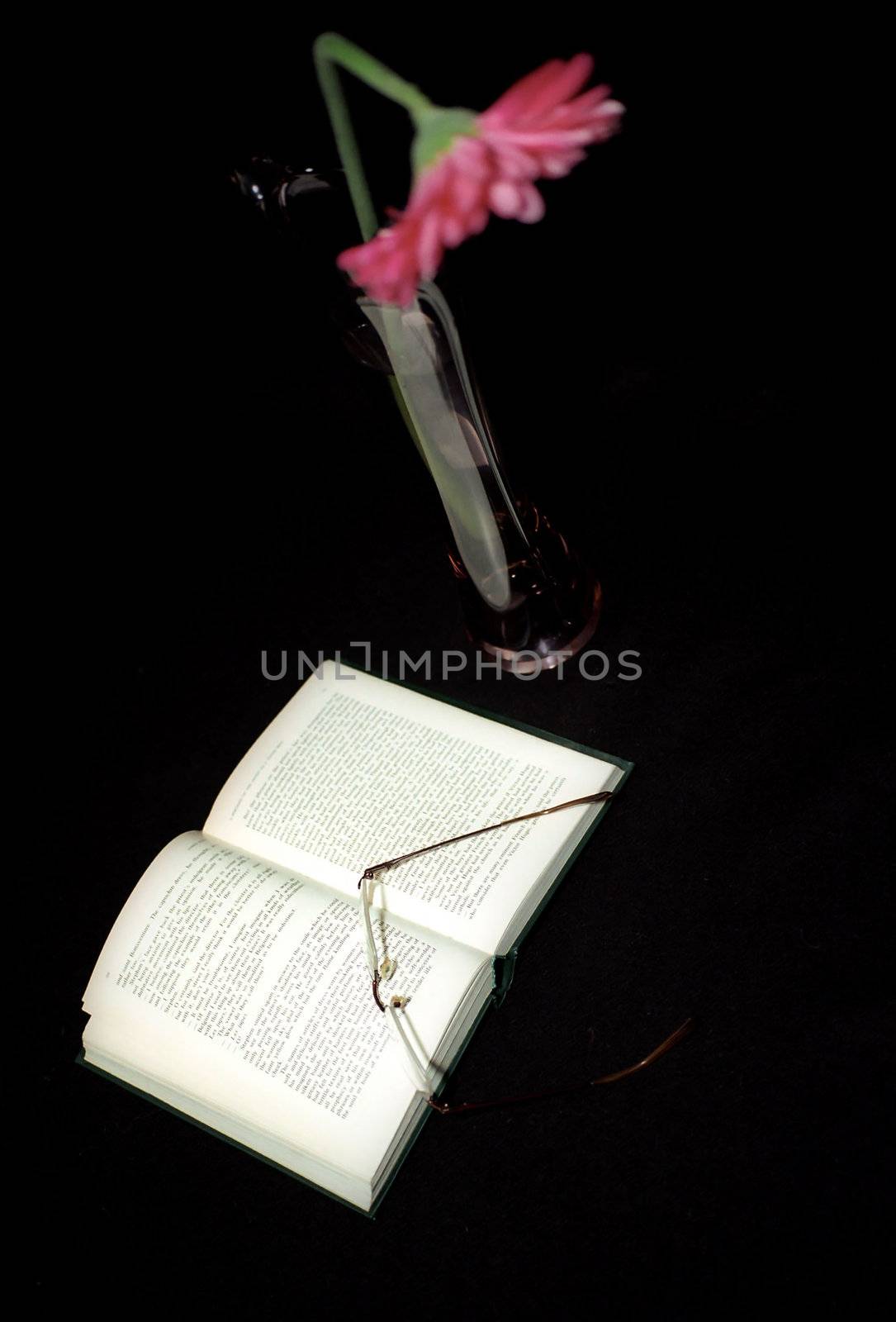 Open book with glasses on it and gerbera in vase