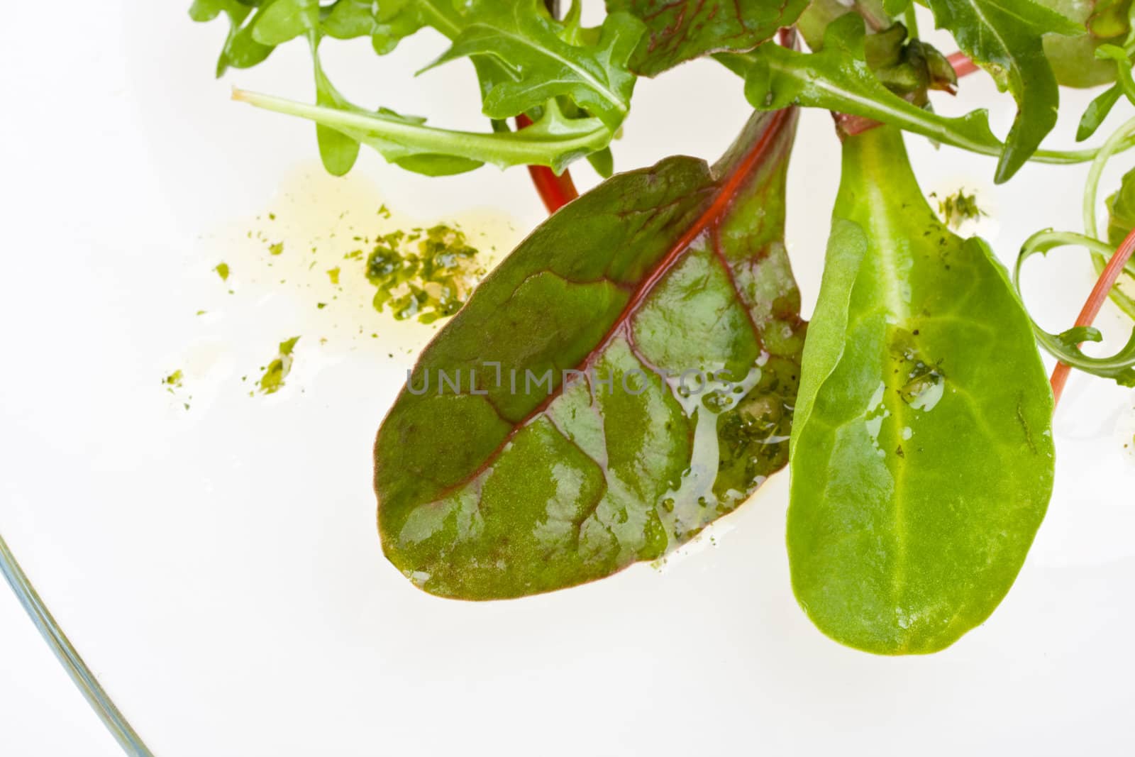 closeup of salad leaves on a glassy plate by bernjuer