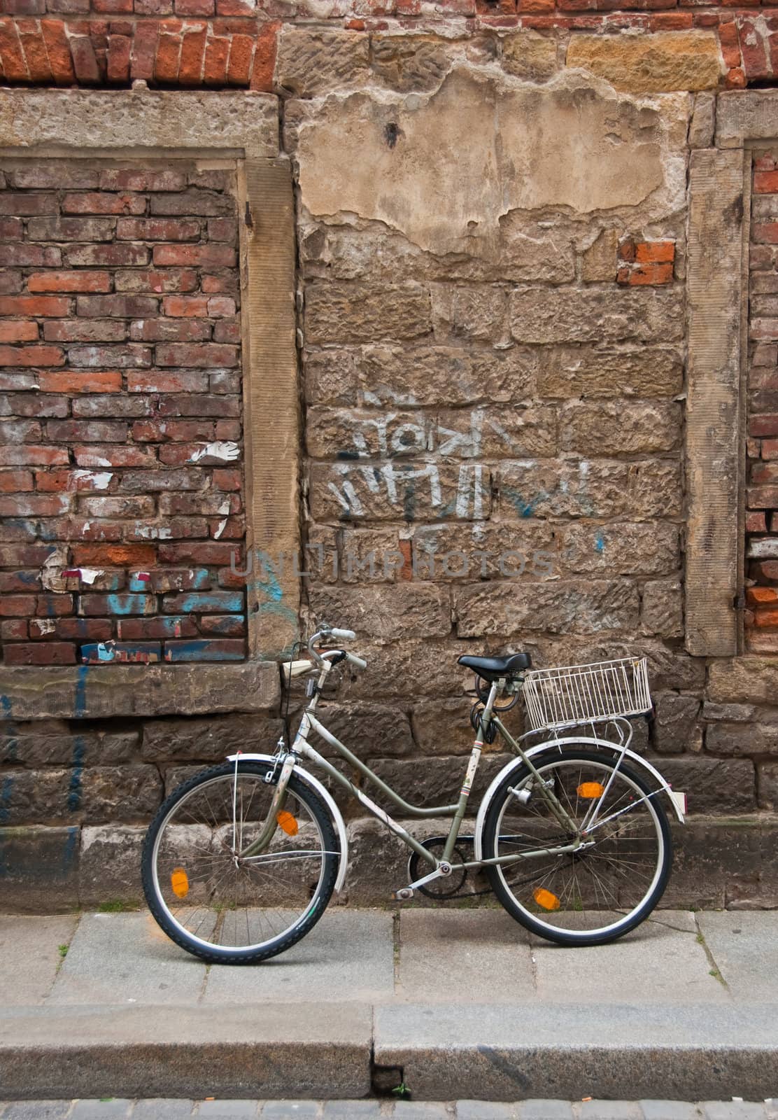 bicycles against brick wall, Dresden, Germany (Neustadt)