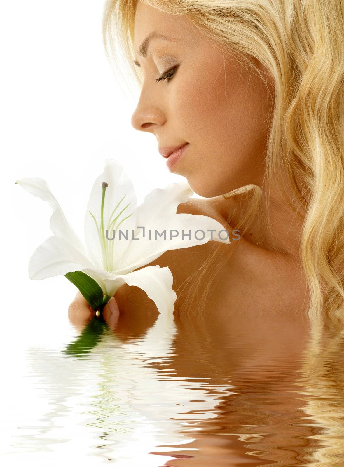 pretty lady with madonna lily in water