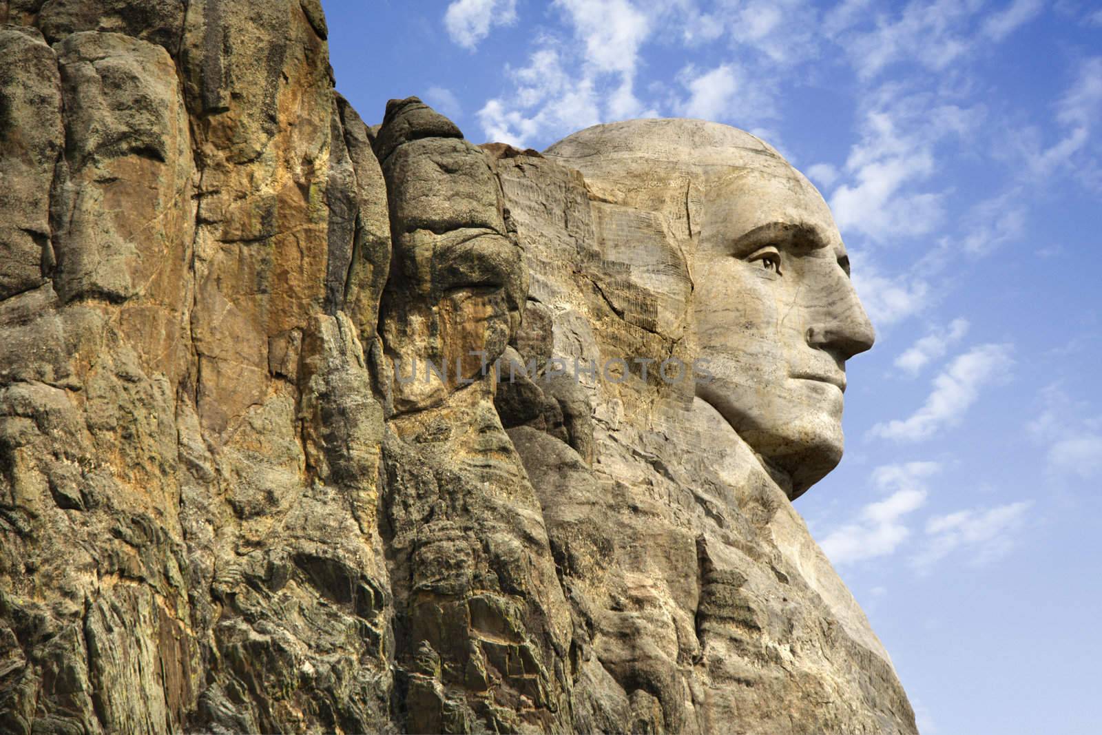 Profile of George Washington carving at Mount Rushmore National Monument, South Dakota.