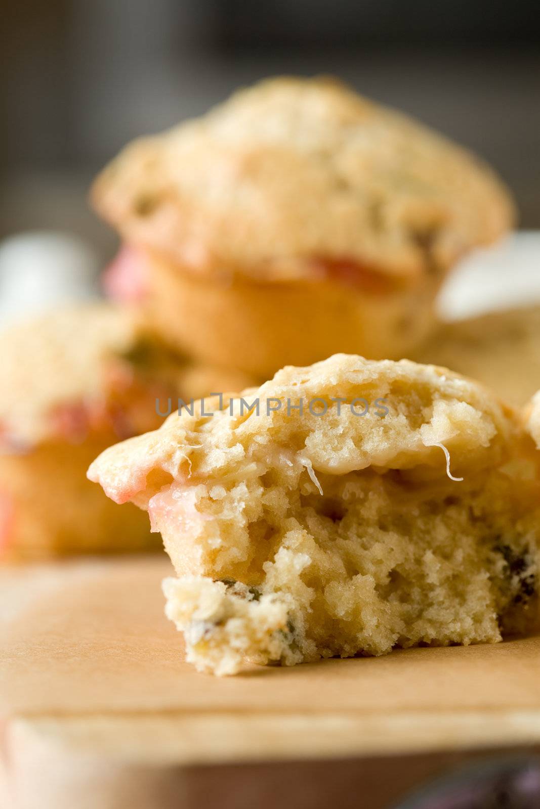 Delicious muffin with pistachio nuts and rhubarb