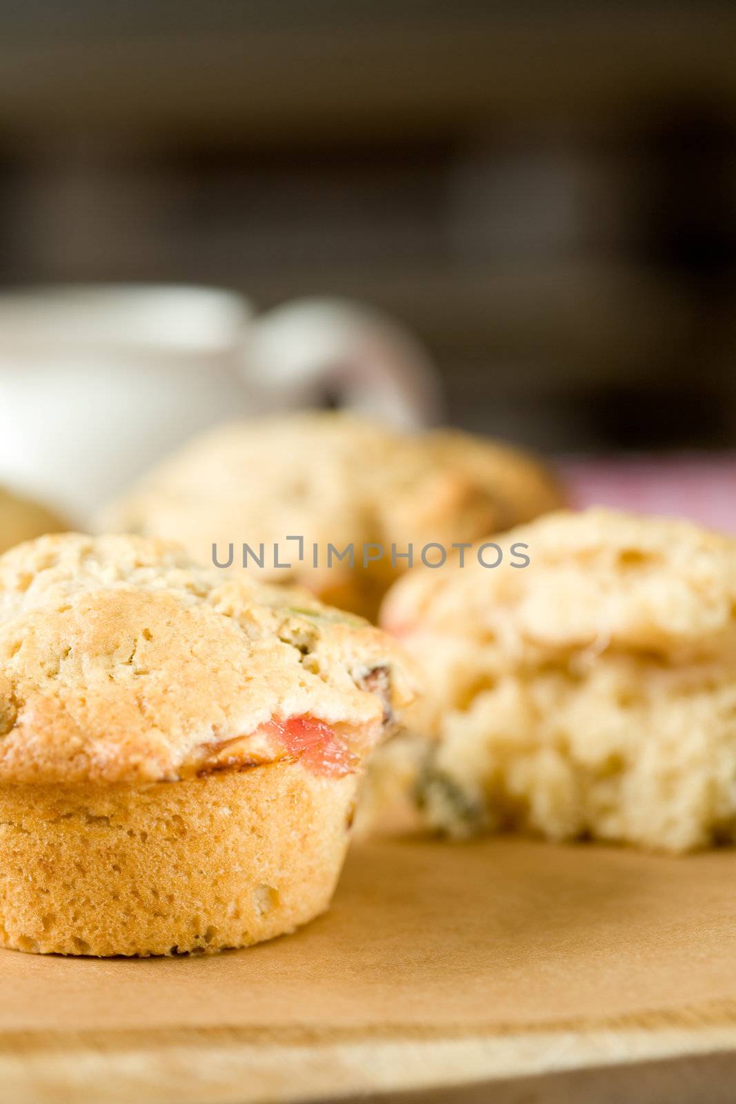 Delicious muffin filled with pistachio nuts and rhubarb