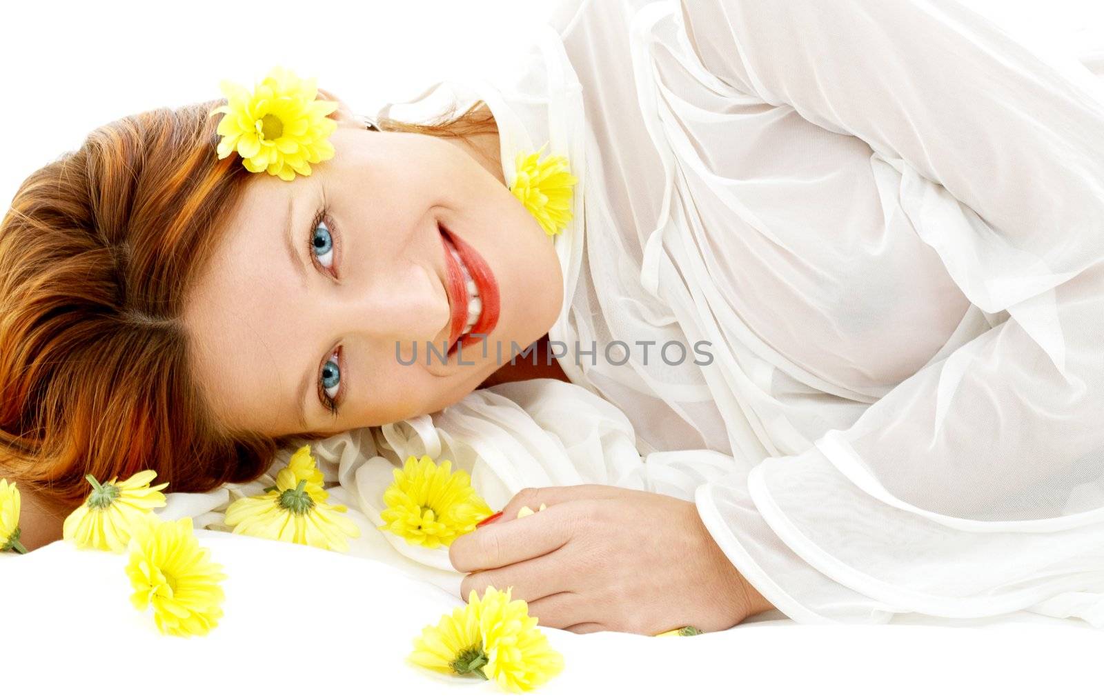 portrait of lovely beauty with yellow flowers