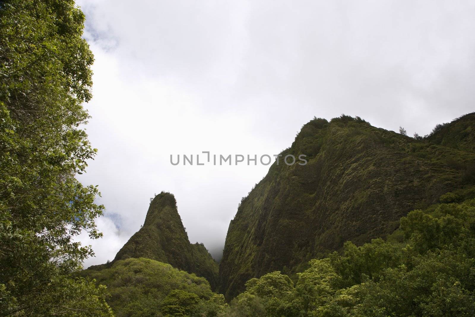 Maui, Hawaii mountain landscape with clouds.