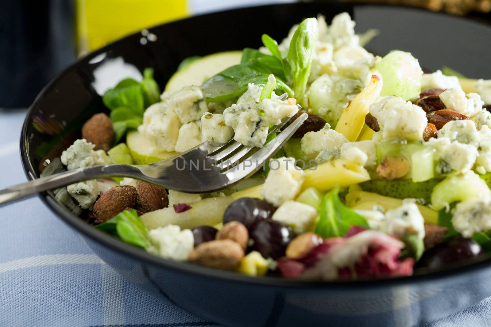 Delicious salad with roquefort, pasta, fruit and vegetables