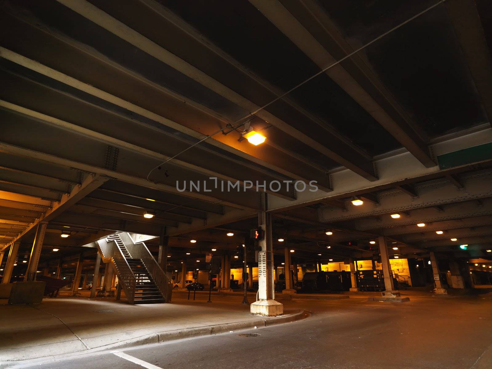 Urban parking under building in Chicago, Illinois.