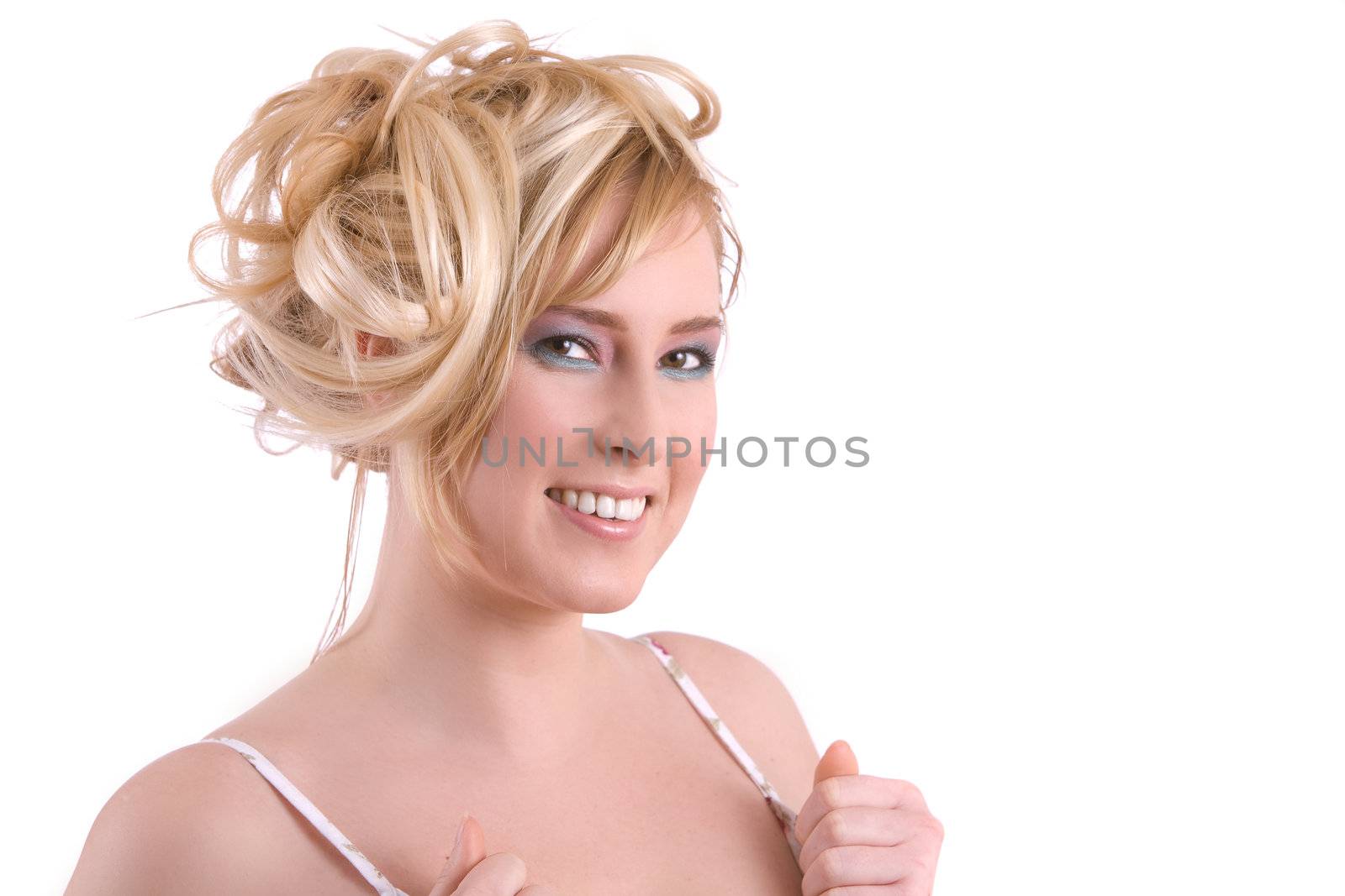 Pretty blond woman on white background