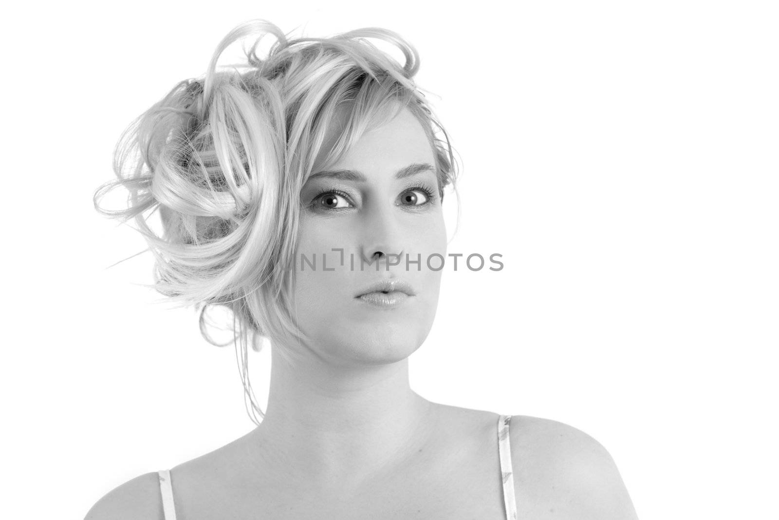 Beautiful stylish woman in b&w on white background