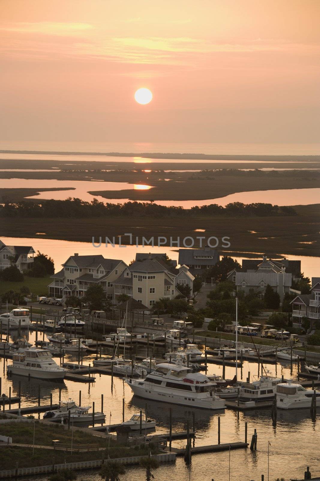 Aerial view of coastal village with marina on Bald Head Island, North Carolina.
