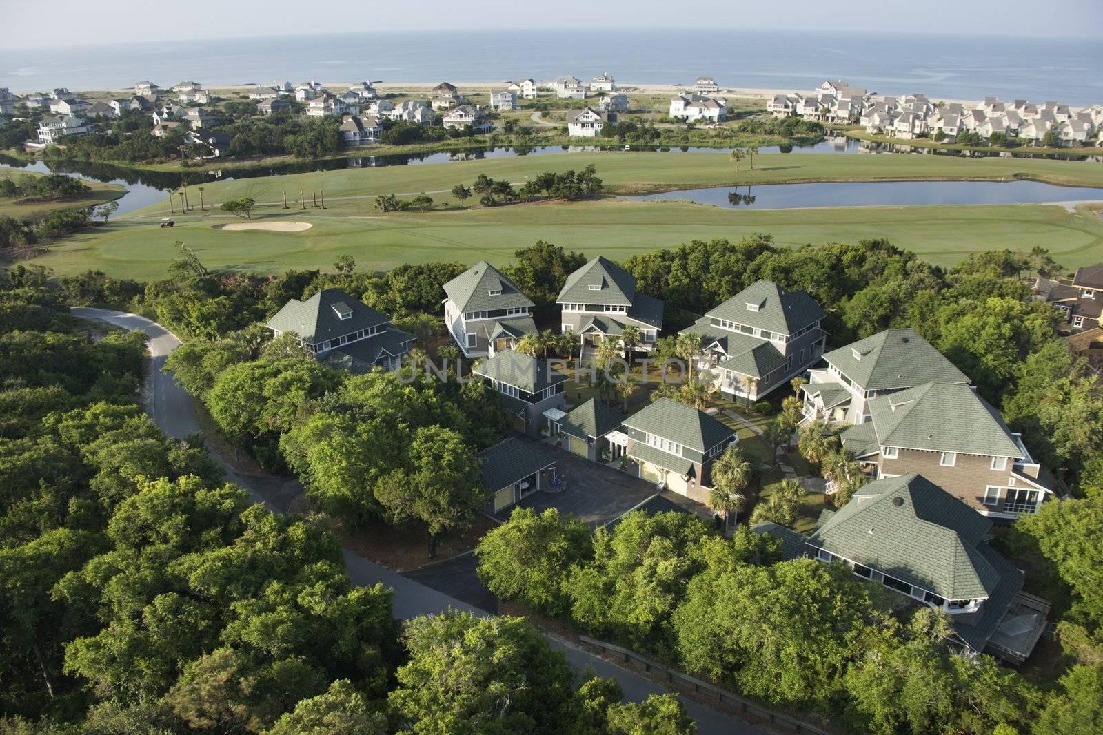 Aerial view of residential community on Bald Head Island, North Carolina.