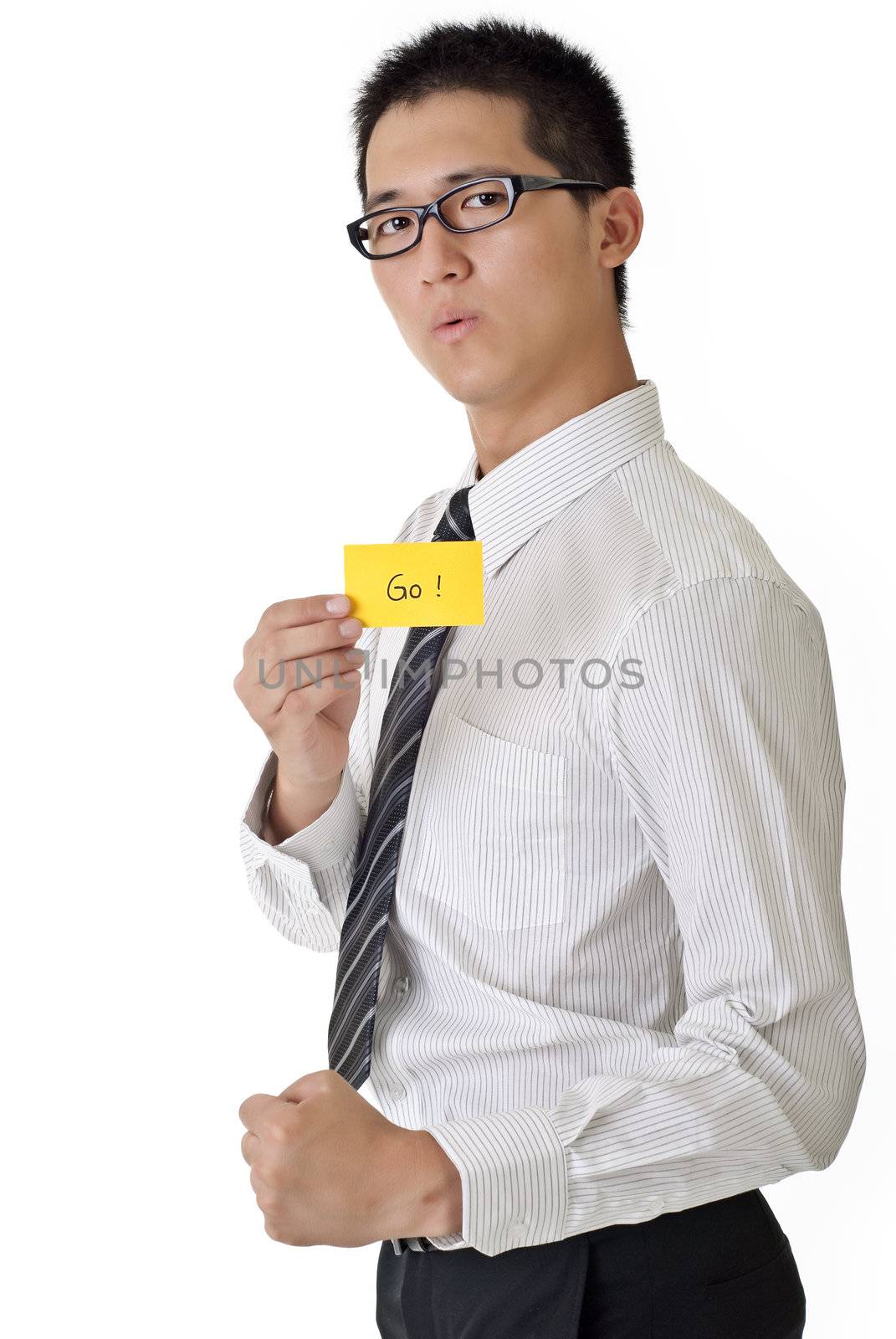 Business man say go and holding yellow card, closeup portrait of Asian on white background.