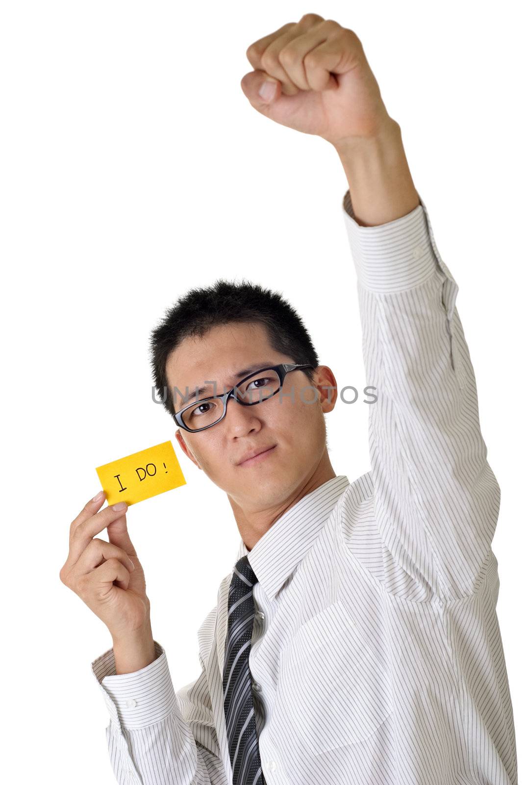 Volunteer business man say I do and raise hand on white background.