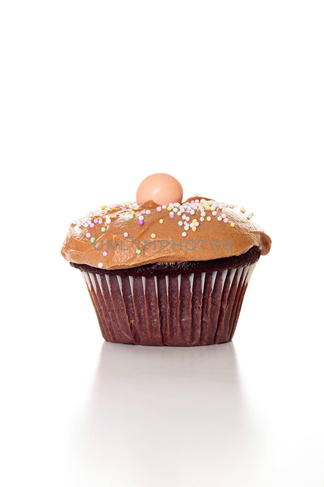 shot of chocolate cupcake on white vertical by creativestock