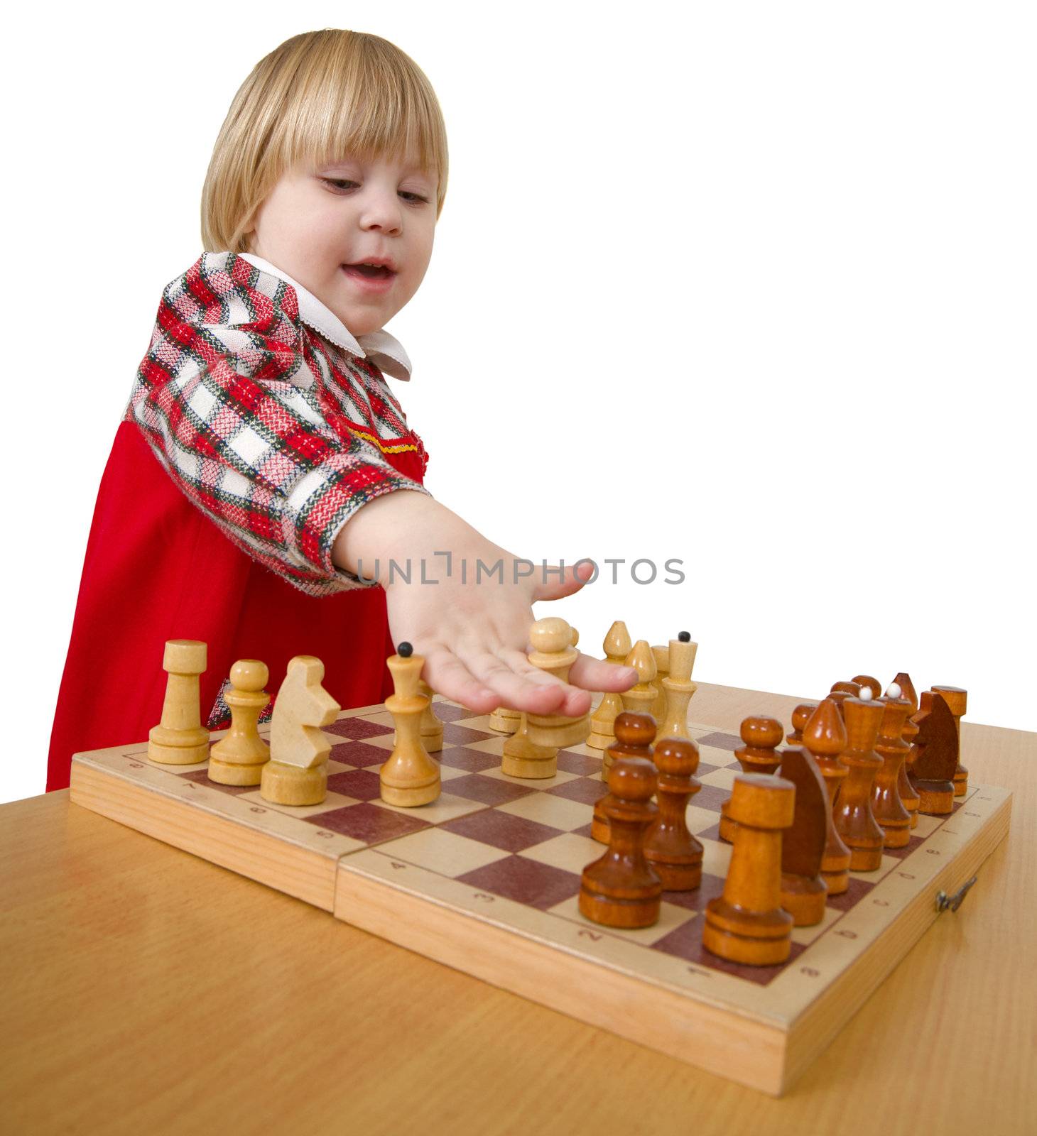 Small girl play chess on the white background