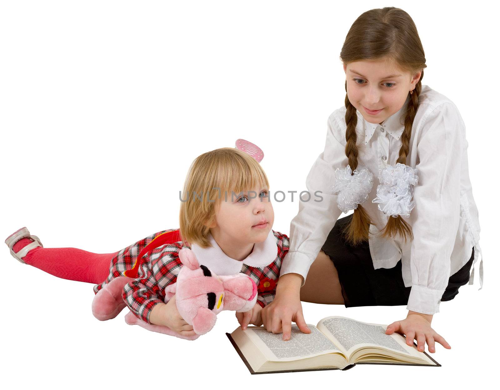 Children reading book on the white background