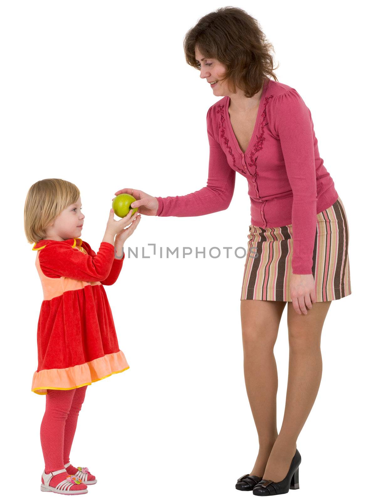 Woman, little girl and apple on the white background