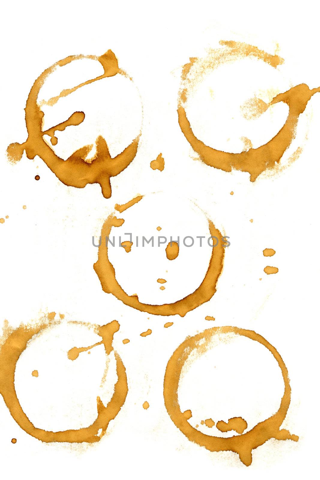 Collection of coffee splashes and stains isolated on white background.